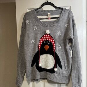 no boundaries cute winter sweater. Penguin on the front. Stripes on the back.